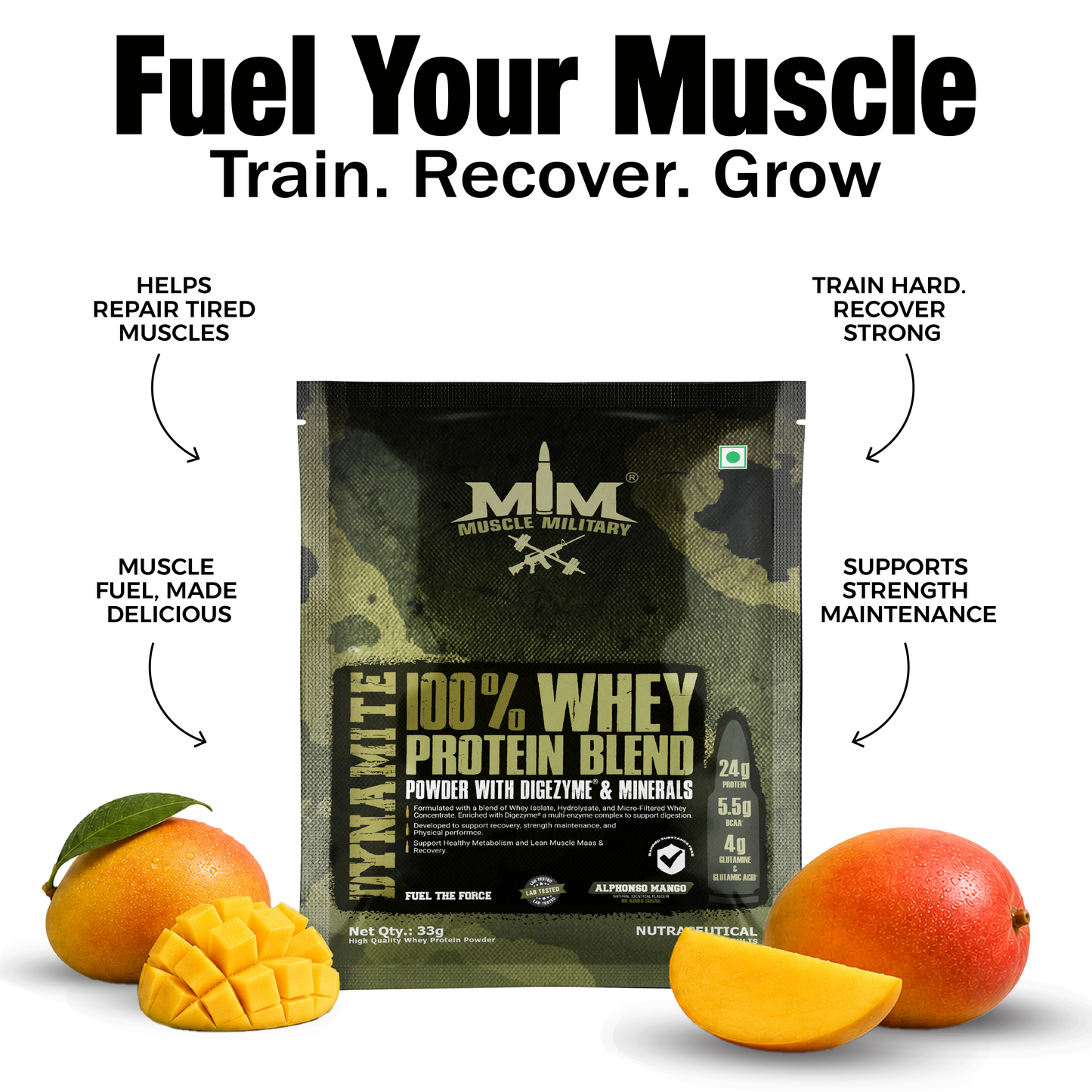 Dynamite 100% Whey Protein Blend Single Serve | Travel Pack | 24g Protein, 5.5g Bcaa, 4g Glutamine & DigeZyme®