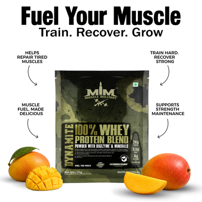 Dynamite 100% Whey Protein Blend Single Serve | Travel Pack | 24g Protein, 5.5g Bcaa, 4g Glutamine & DigeZyme®