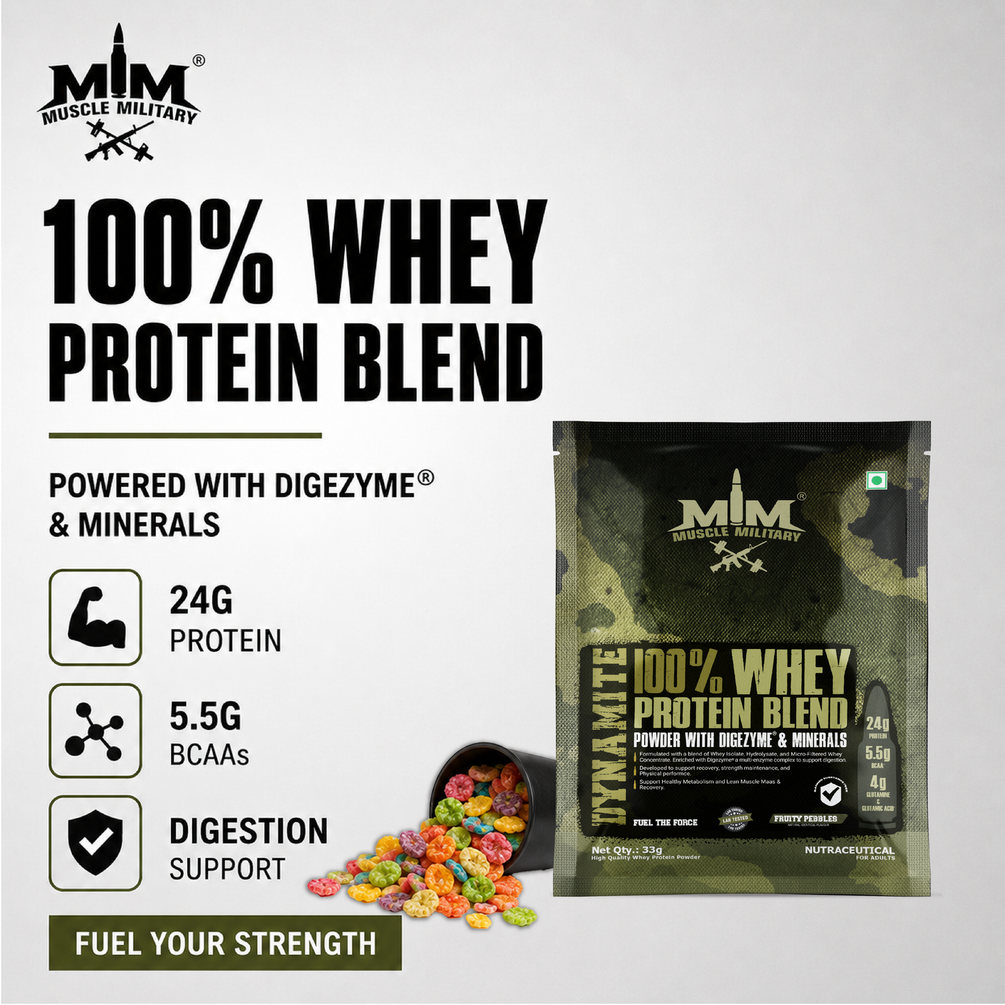 Dynamite 100% Whey Protein Blend Single Serve | Travel Pack | 24g Protein, 5.5g Bcaa, 4g Glutamine & DigeZyme®