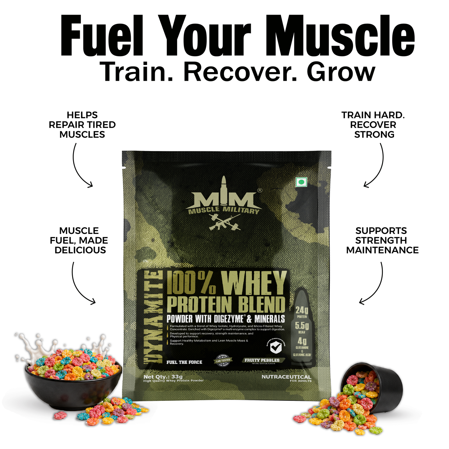 Dynamite 100% Whey Protein Blend Single Serve | Travel Pack | 24g Protein, 5.5g Bcaa, 4g Glutamine & DigeZyme®