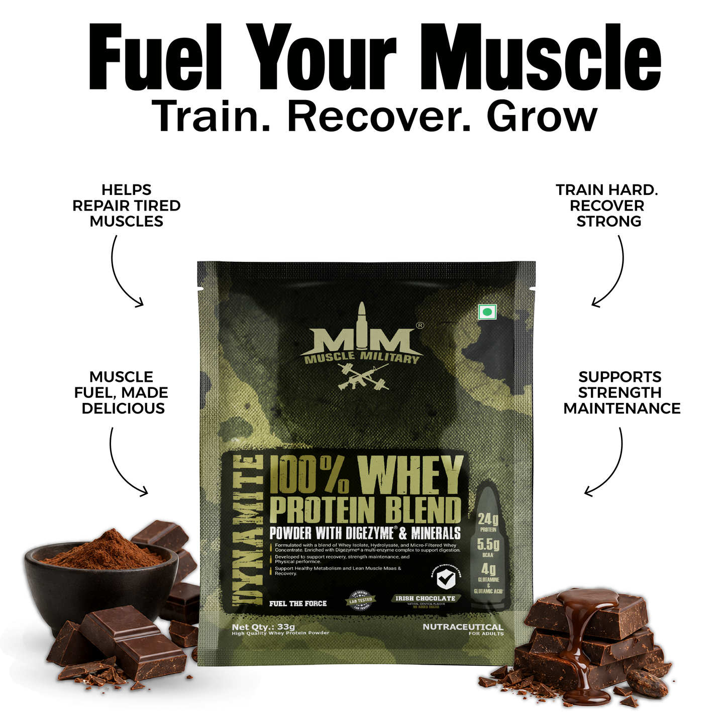 Dynamite 100% Whey Protein Blend Single Serve | Travel Pack | 24g Protein, 5.5g Bcaa, 4g Glutamine & DigeZyme®